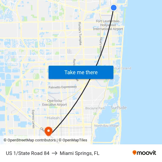 US 1/State Road 84 to Miami Springs, FL map