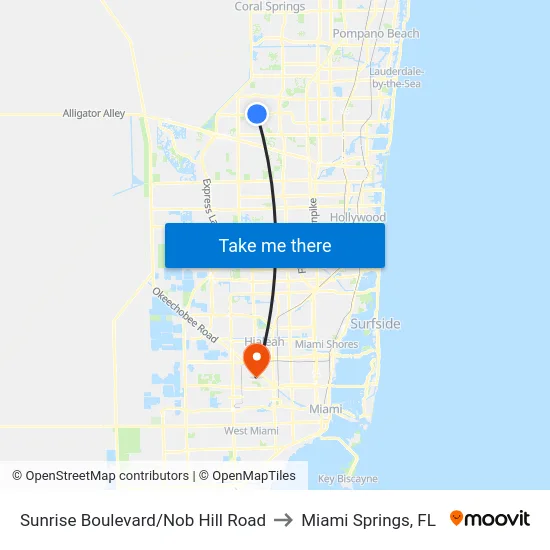Sunrise Boulevard/Nob Hill Road to Miami Springs, FL map