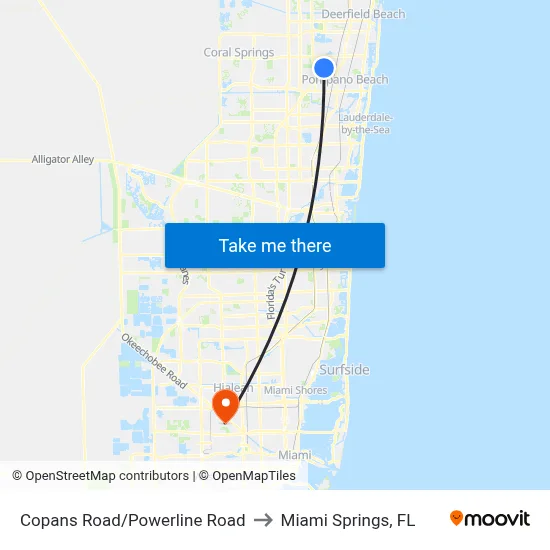 Copans Road/Powerline Road to Miami Springs, FL map