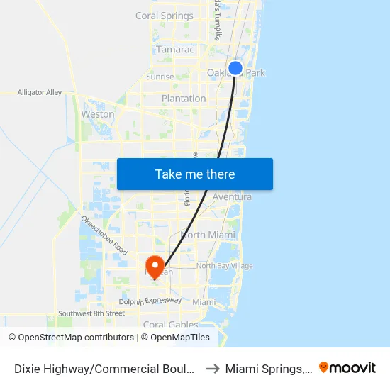 Dixie Highway/Commercial Boulevard to Miami Springs, FL map
