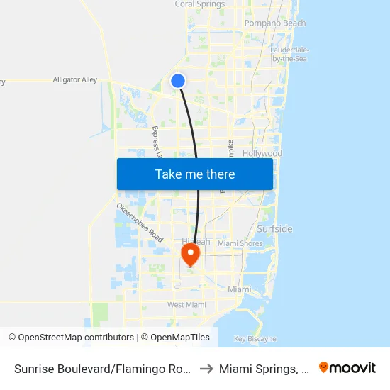 Sunrise Boulevard/Flamingo Road to Miami Springs, FL map