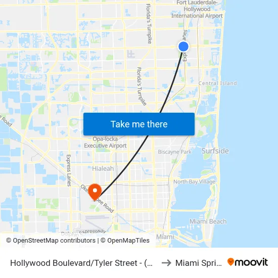 Hollywood Boulevard/Tyler Street - (Hollywood Tri-Rail) to Miami Springs, FL map