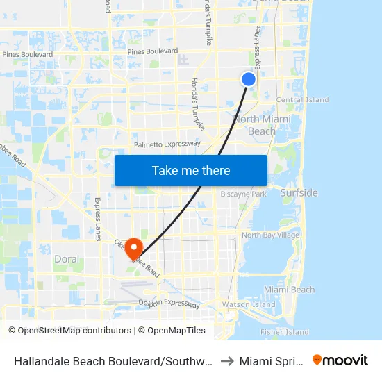 Hallandale Beach Boulevard/Southwest 32nd Avenue to Miami Springs, FL map