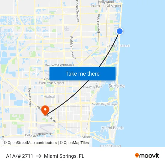 A1A/# 2711 to Miami Springs, FL map