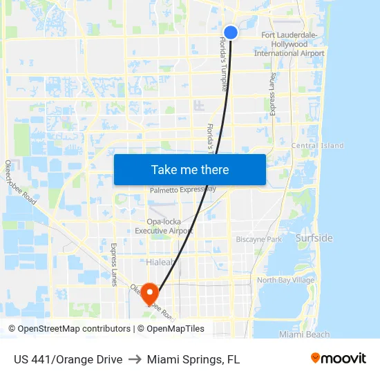 US 441/Orange Drive to Miami Springs, FL map