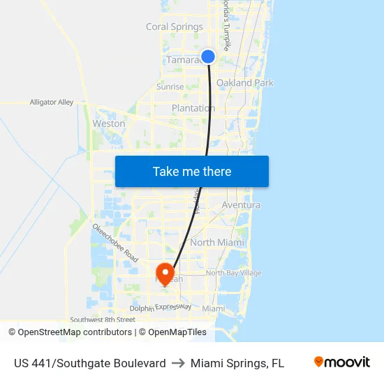 US 441/Southgate Boulevard to Miami Springs, FL map