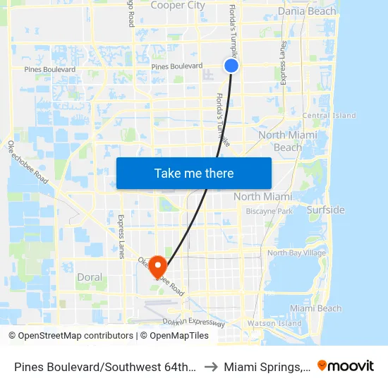 Pines Boulevard/Southwest 64th Way to Miami Springs, FL map