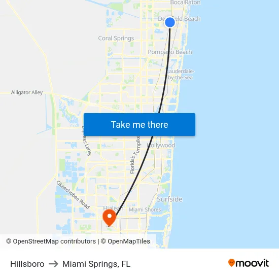 Hillsboro to Miami Springs, FL map