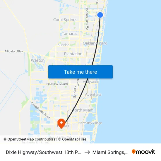 Dixie Highway/Southwest 13th Place to Miami Springs, FL map