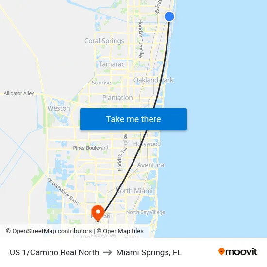 US 1/Camino Real North to Miami Springs, FL map