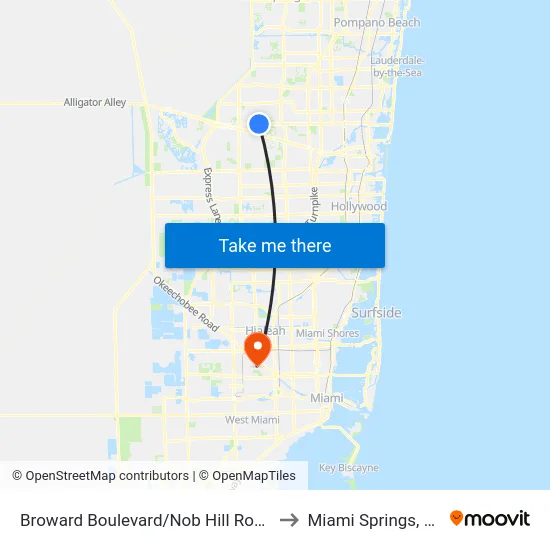 Broward Boulevard/Nob Hill Road to Miami Springs, FL map