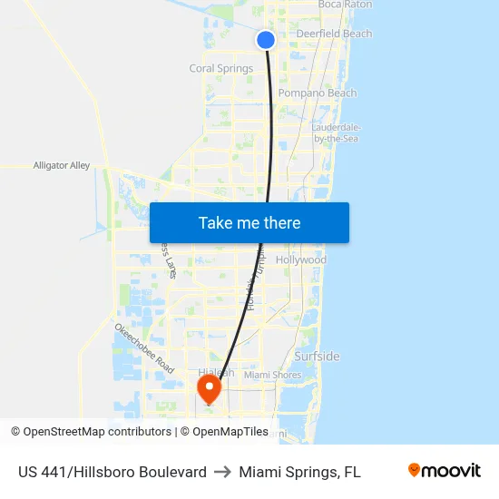 US 441/Hillsboro Boulevard to Miami Springs, FL map
