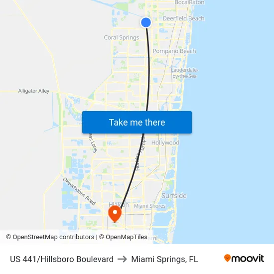 US 441/Hillsboro Boulevard to Miami Springs, FL map