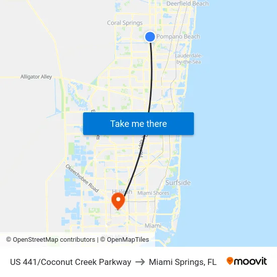 US 441/Coconut Creek Parkway to Miami Springs, FL map