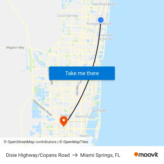 Dixie Highway/Copans Road to Miami Springs, FL map