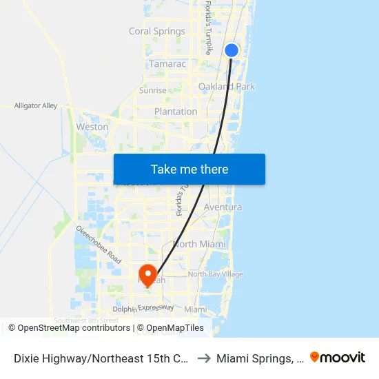 Dixie Highway/Northeast 15th Court to Miami Springs, FL map