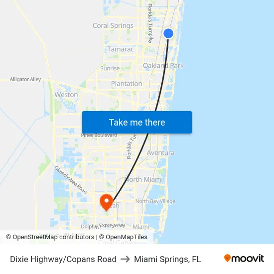 Dixie Highway/Copans Road to Miami Springs, FL map
