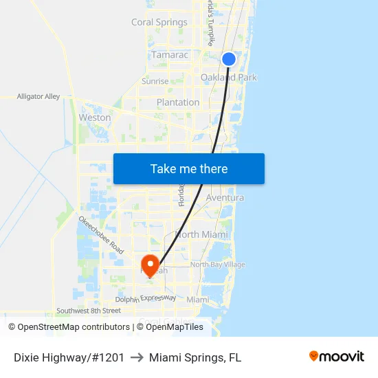Dixie Highway/#1201 to Miami Springs, FL map