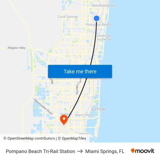 Pompano Beach Tri-Rail Station to Miami Springs, FL map