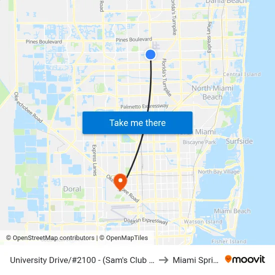 University Drive/#2100 - (Sam's Club Pembroke Road) to Miami Springs, FL map