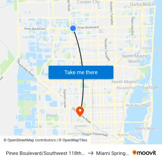 Pines Boulevard/Southwest 118th Avenue to Miami Springs, FL map