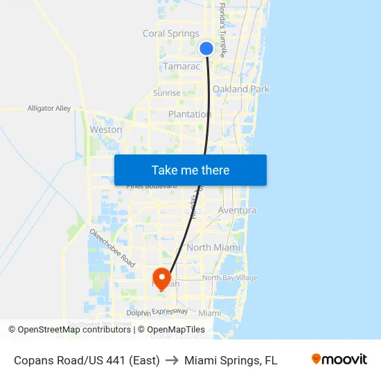 Copans Road/US 441 (East) to Miami Springs, FL map