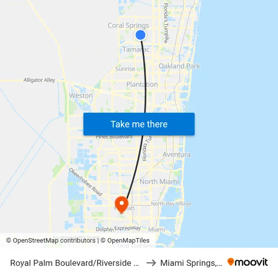 Royal Palm Boulevard/Riverside Drive to Miami Springs, FL map