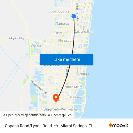 Copans Road/Lyons Road to Miami Springs, FL map
