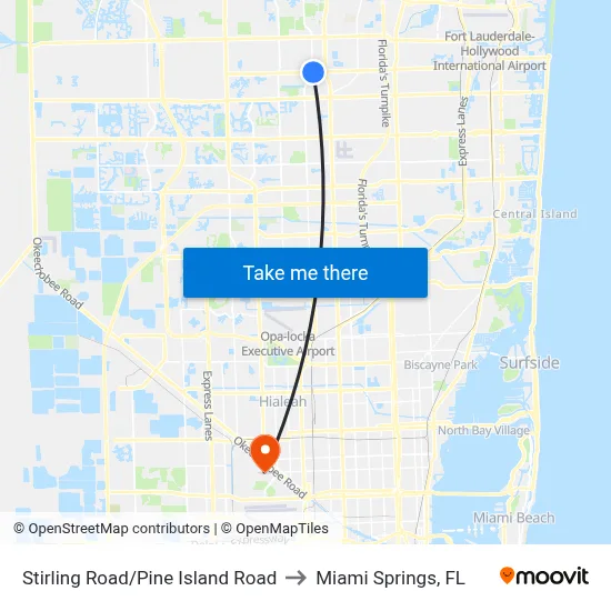 Stirling Road/Pine Island Road to Miami Springs, FL map