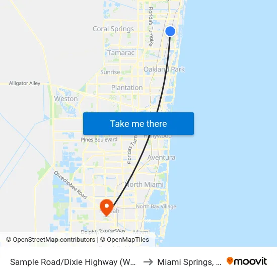 Sample Road/Dixie Highway (West) to Miami Springs, FL map