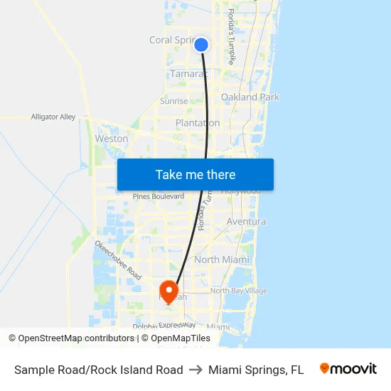 Sample Road/Rock Island Road to Miami Springs, FL map