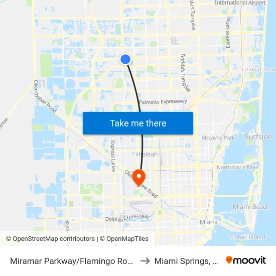 Miramar Parkway/Flamingo Road to Miami Springs, FL map