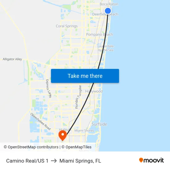 Camino Real/US 1 to Miami Springs, FL map