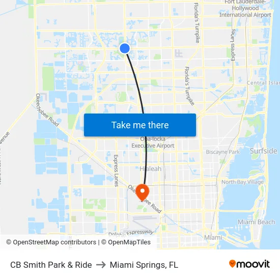 CB Smith Park & Ride to Miami Springs, FL map