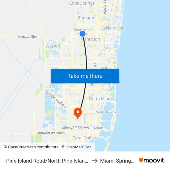 Pine Island Road/North Pine Island Road to Miami Springs, FL map