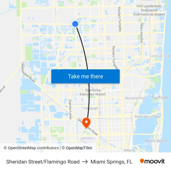 Sheridan Street/Flamingo Road to Miami Springs, FL map
