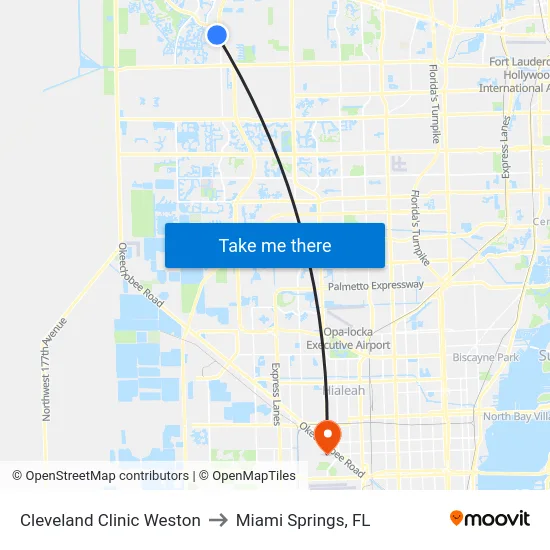 Cleveland Clinic Weston to Miami Springs, FL map