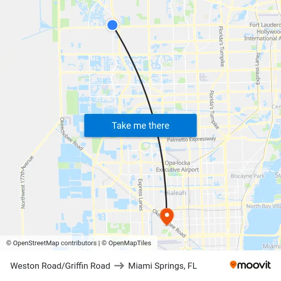 Weston Road/Griffin Road to Miami Springs, FL map