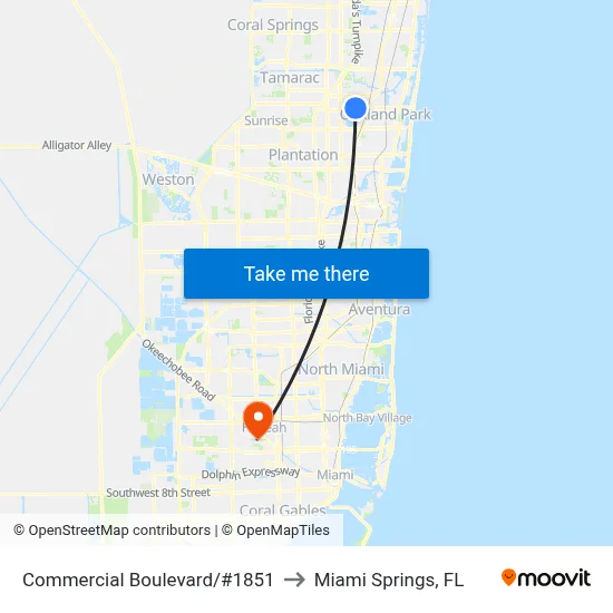 Commercial Boulevard/#1851 to Miami Springs, FL map