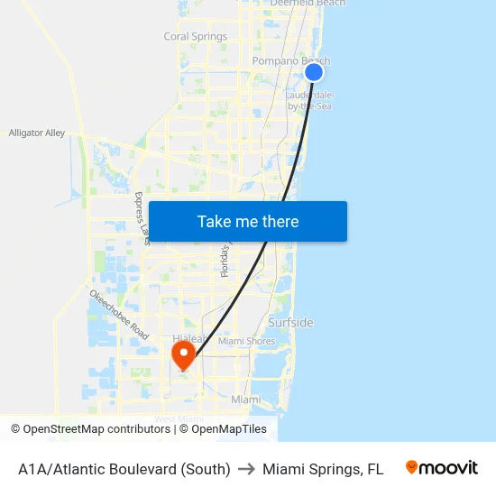 A1A/Atlantic Boulevard (South) to Miami Springs, FL map