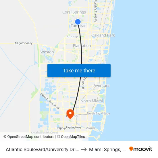 Atlantic Boulevard/University Drive to Miami Springs, FL map