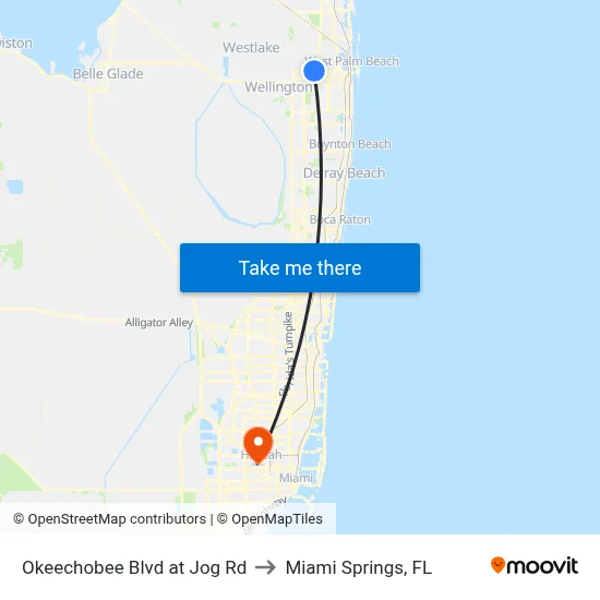 Okeechobee Blvd at Jog Rd to Miami Springs, FL map
