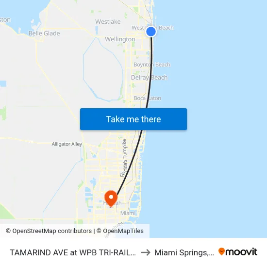 TAMARIND AVE at  WPB TRI-RAIL STN to Miami Springs, FL map
