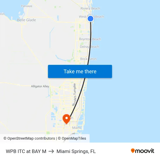 WPB ITC at BAY M to Miami Springs, FL map