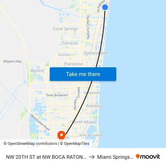 NW 20TH ST at NW  BOCA RATON BLVD to Miami Springs, FL map