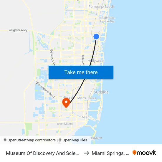 Museum Of Discovery And Science to Miami Springs, FL map