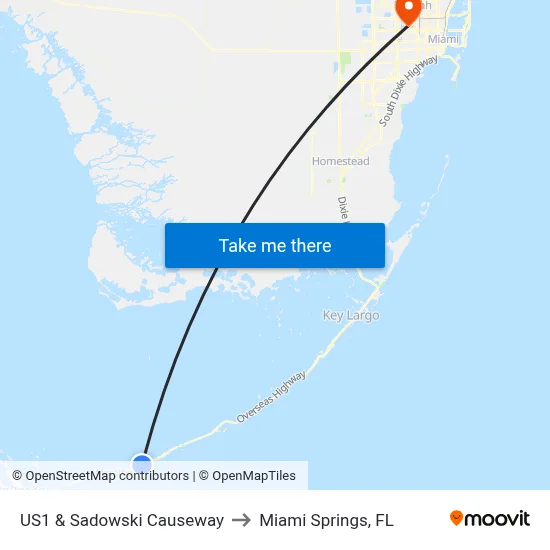US1 & Sadowski Causeway to Miami Springs, FL map