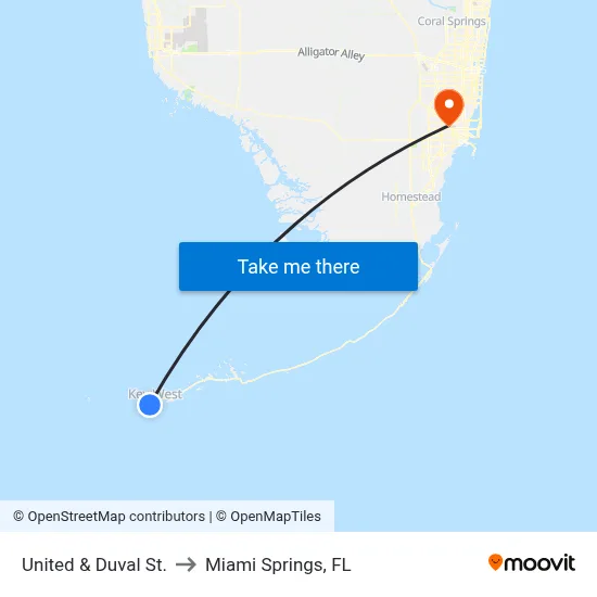 United & Duval St. to Miami Springs, FL map