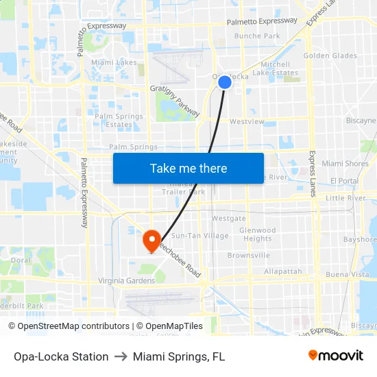 Opa-Locka Station to Miami Springs, FL map