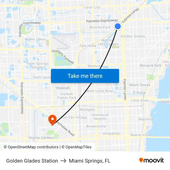 Golden Glades Station to Miami Springs, FL map
